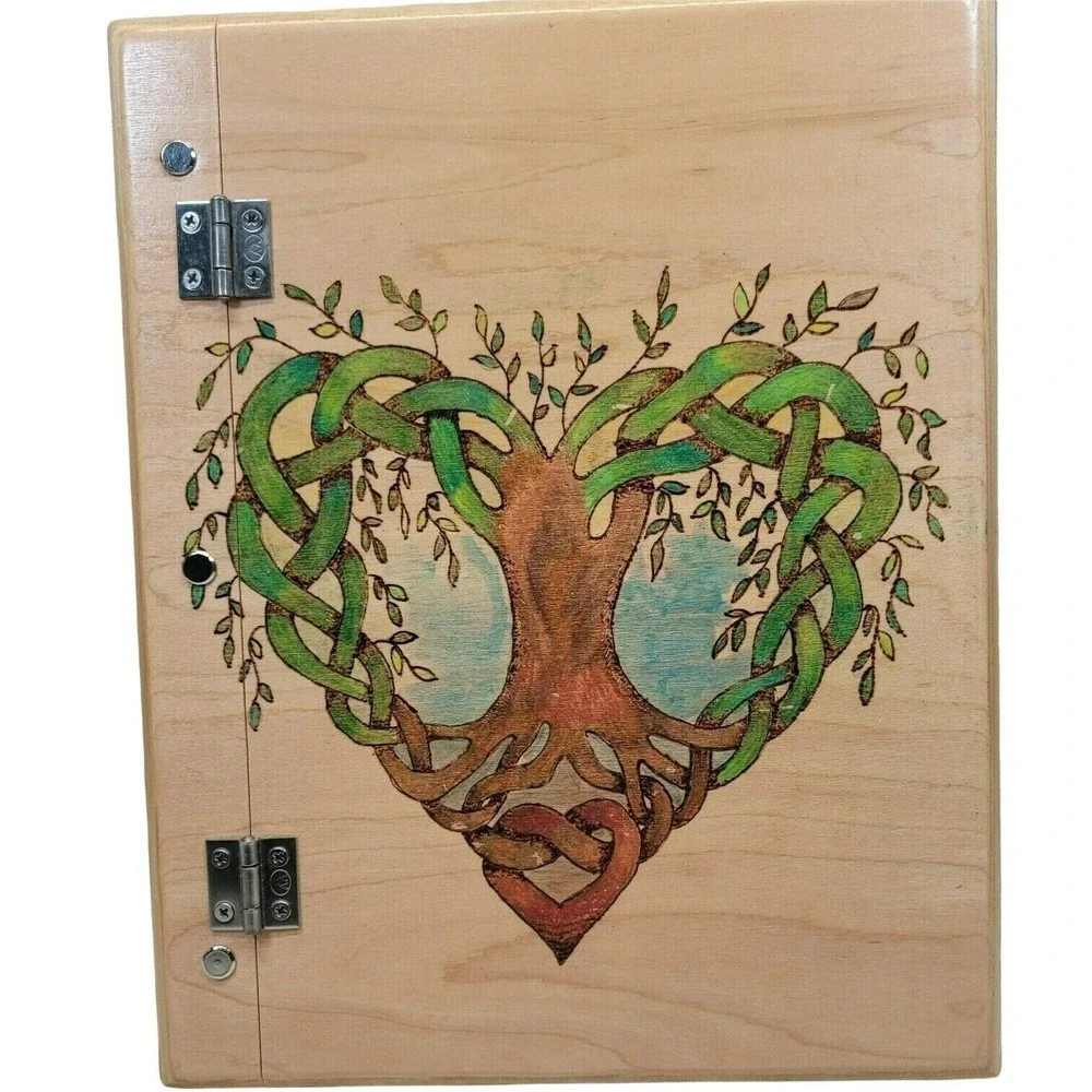 Handmade Tree of Life Celtic Heart Wood Journal Natural Wood Pyrography Art